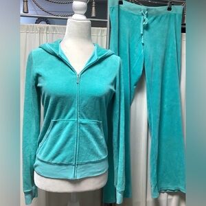 Juicy Couture Y2K Turquoise Terry Zip-Up Hoodie Pants 34 x 33 Tracksuit Set